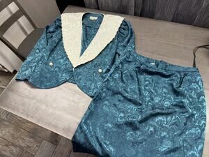 Vintage In The Mood Women’s Satin Type Blouse Skirt Outfit Emerald Green Sz 14